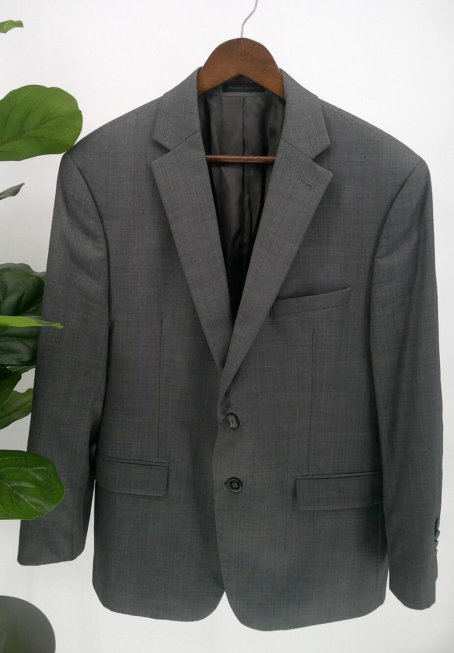 Calvin Klein Mens Gray Slim Fit Stretch Single Breasted 100% Wool Blazer Size 44